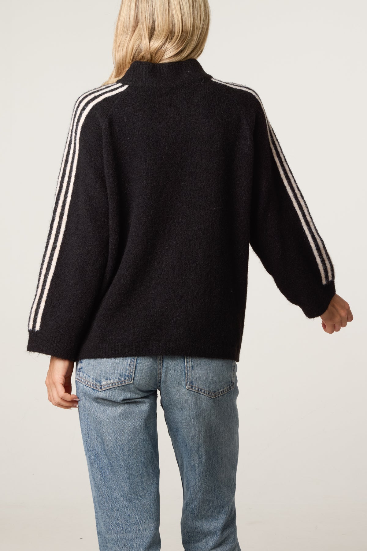 Striped Sleeve Zip-Through Knit Cardigan