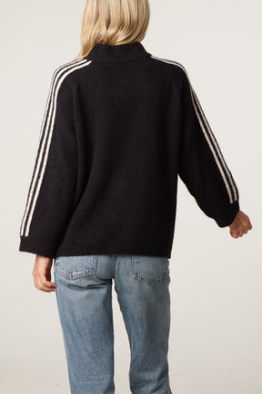 Striped Sleeve Zip-Through Knit Cardigan