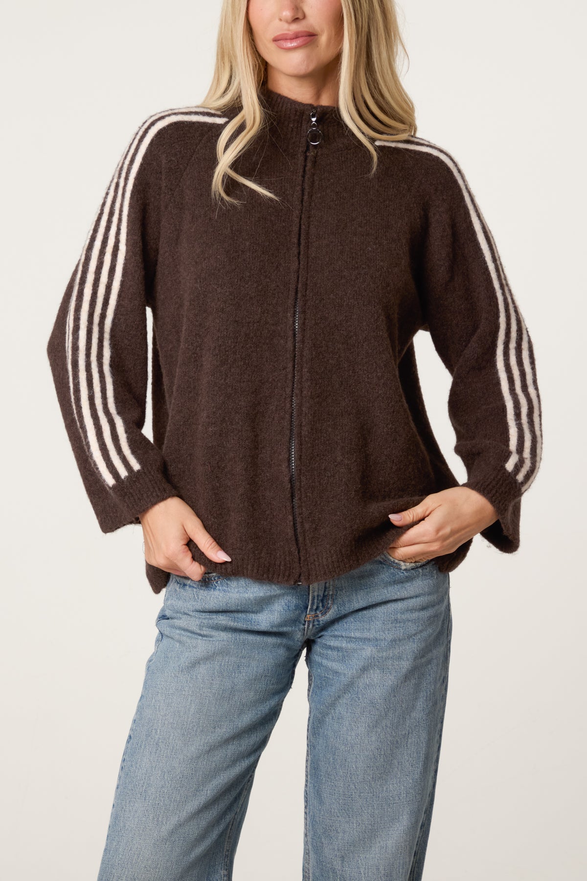 Striped Sleeve Zip-Through Knit Cardigan
