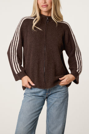 Striped Sleeve Zip-Through Knit Cardigan