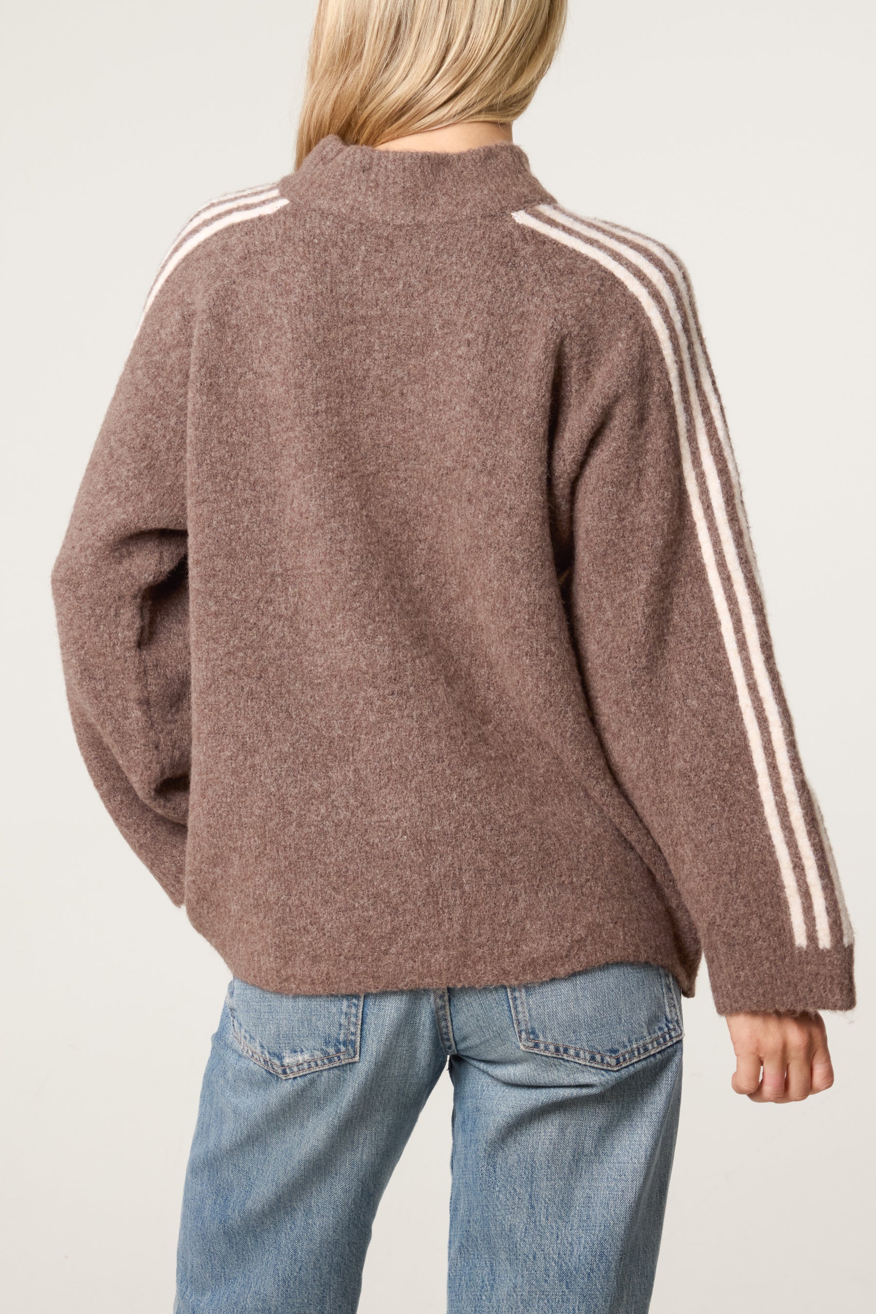 Striped Sleeve Zip-Through Knit Cardigan
