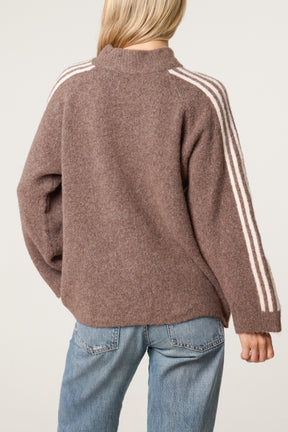 Striped Sleeve Zip-Through Knit Cardigan