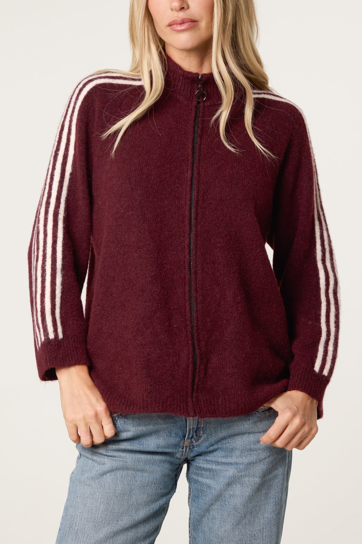 Striped Sleeve Zip-Through Knit Cardigan