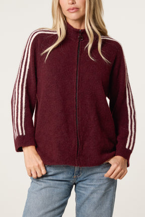 Striped Sleeve Zip-Through Knit Cardigan