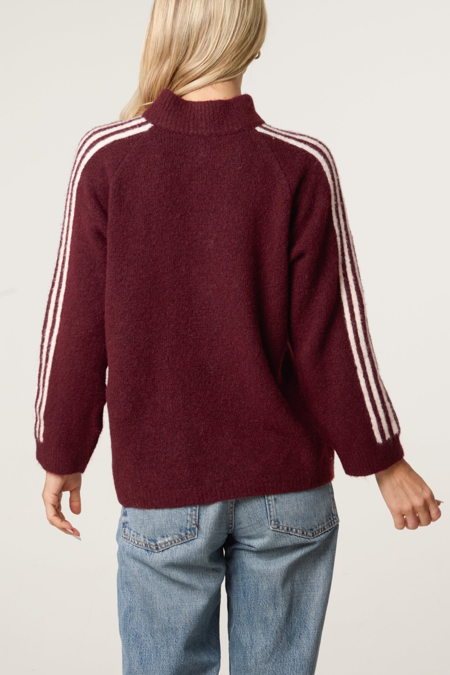 Striped Sleeve Zip-Through Knit Cardigan