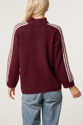 Striped Sleeve Zip-Through Knit Cardigan