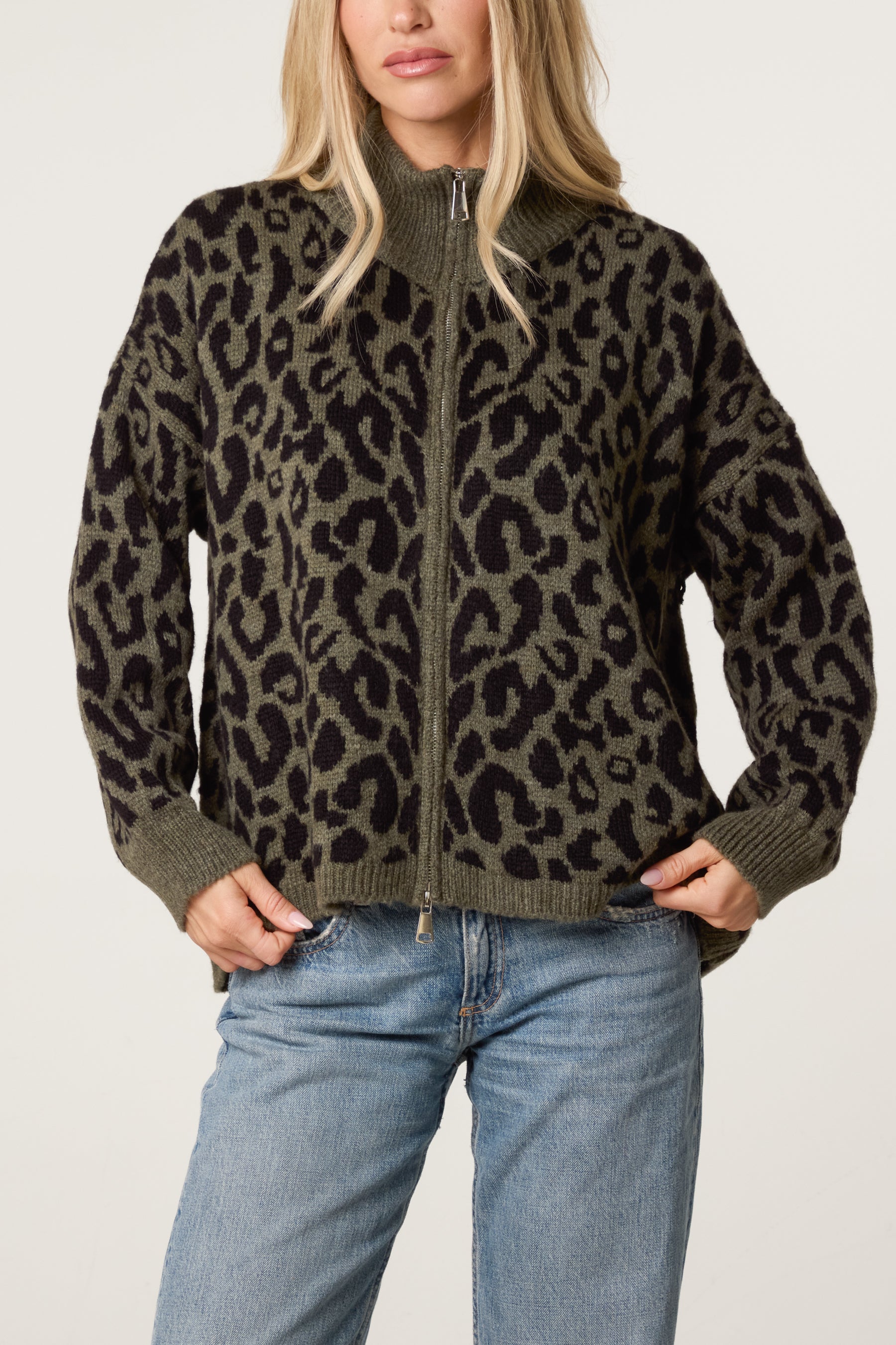 Leopard Print Zip-Through Knit Cardigan