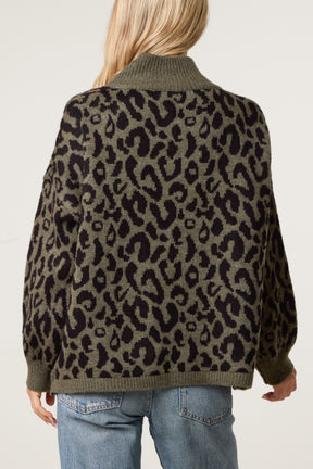 Leopard Print Zip-Through Knit Cardigan