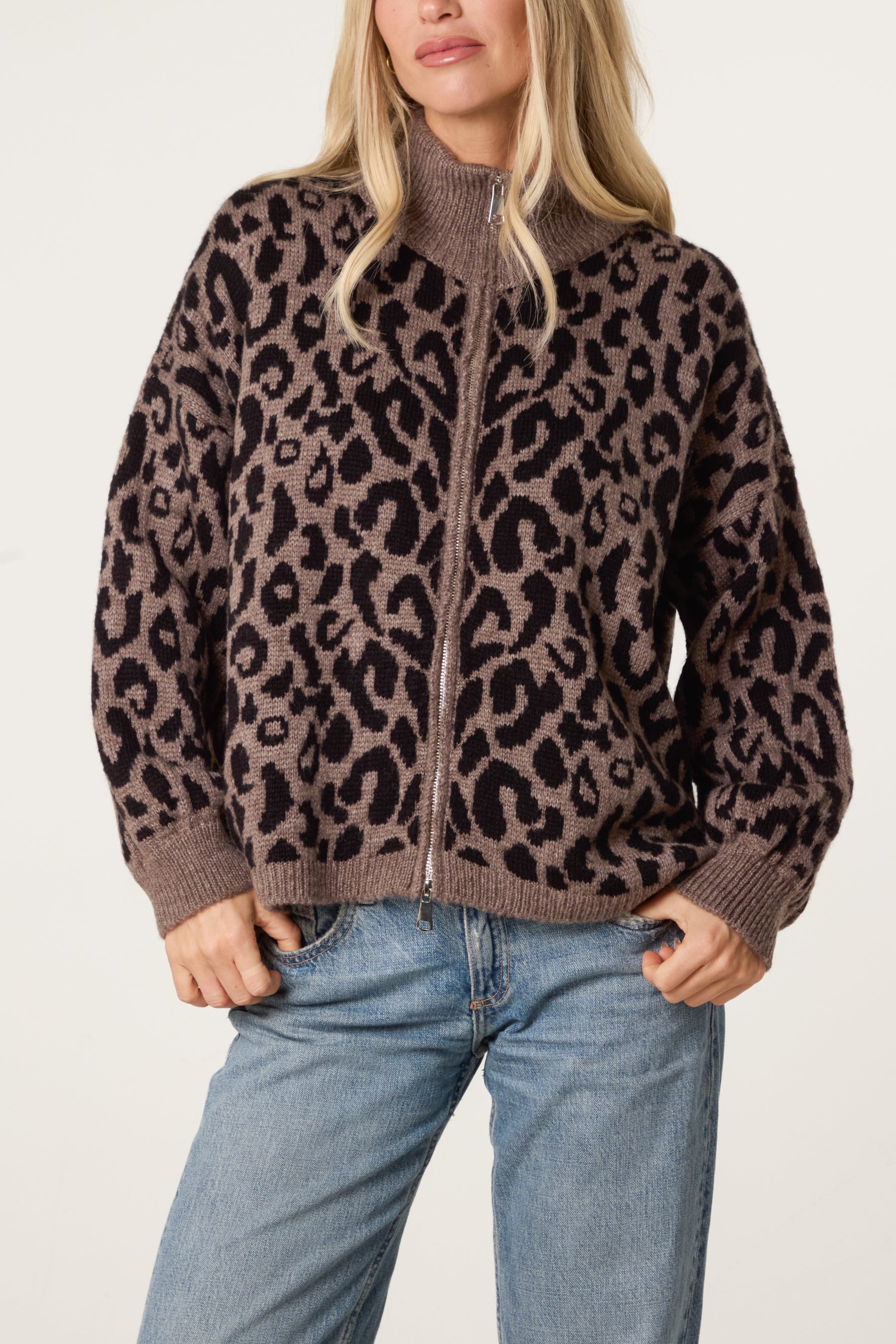 Leopard Print Zip-Through Knit Cardigan