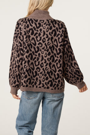 Leopard Print Zip-Through Knit Cardigan