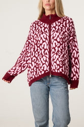 Leopard Print Zip-Through Knit Cardigan