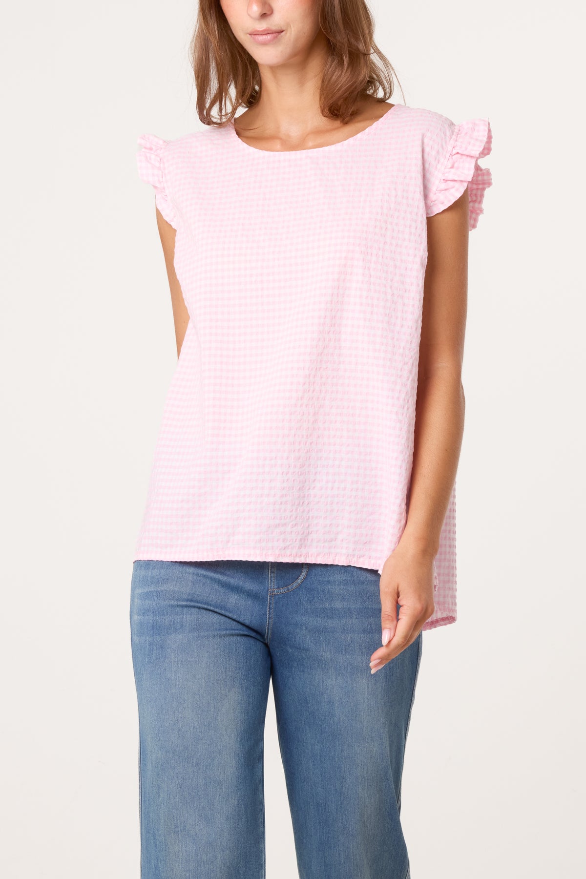 Gingham Frill Sleeve Back Button Top
