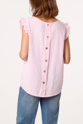 Gingham Frill Sleeve Back Button Top