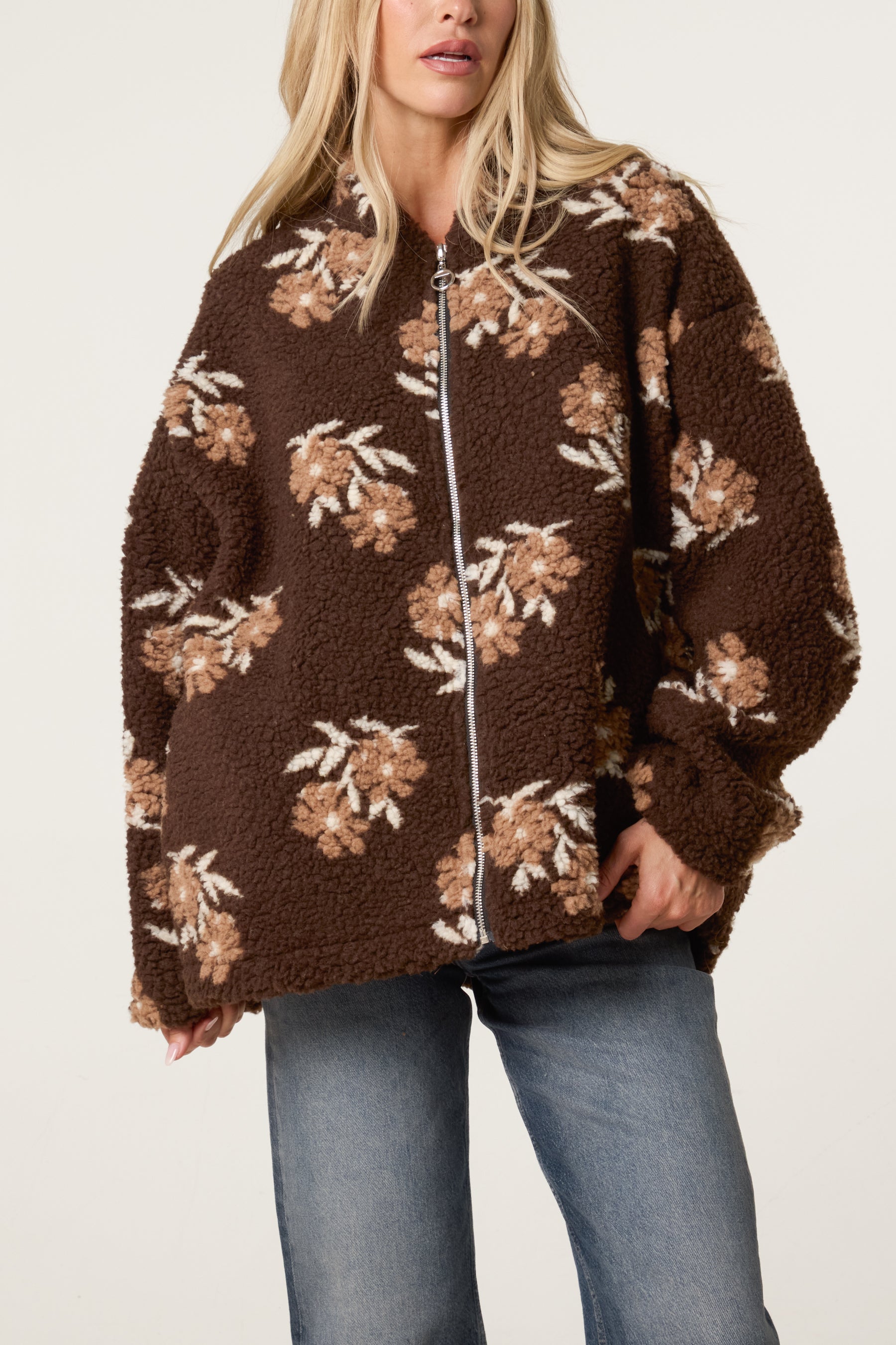 Floral Teddy Fleece Zip-Up Jacket