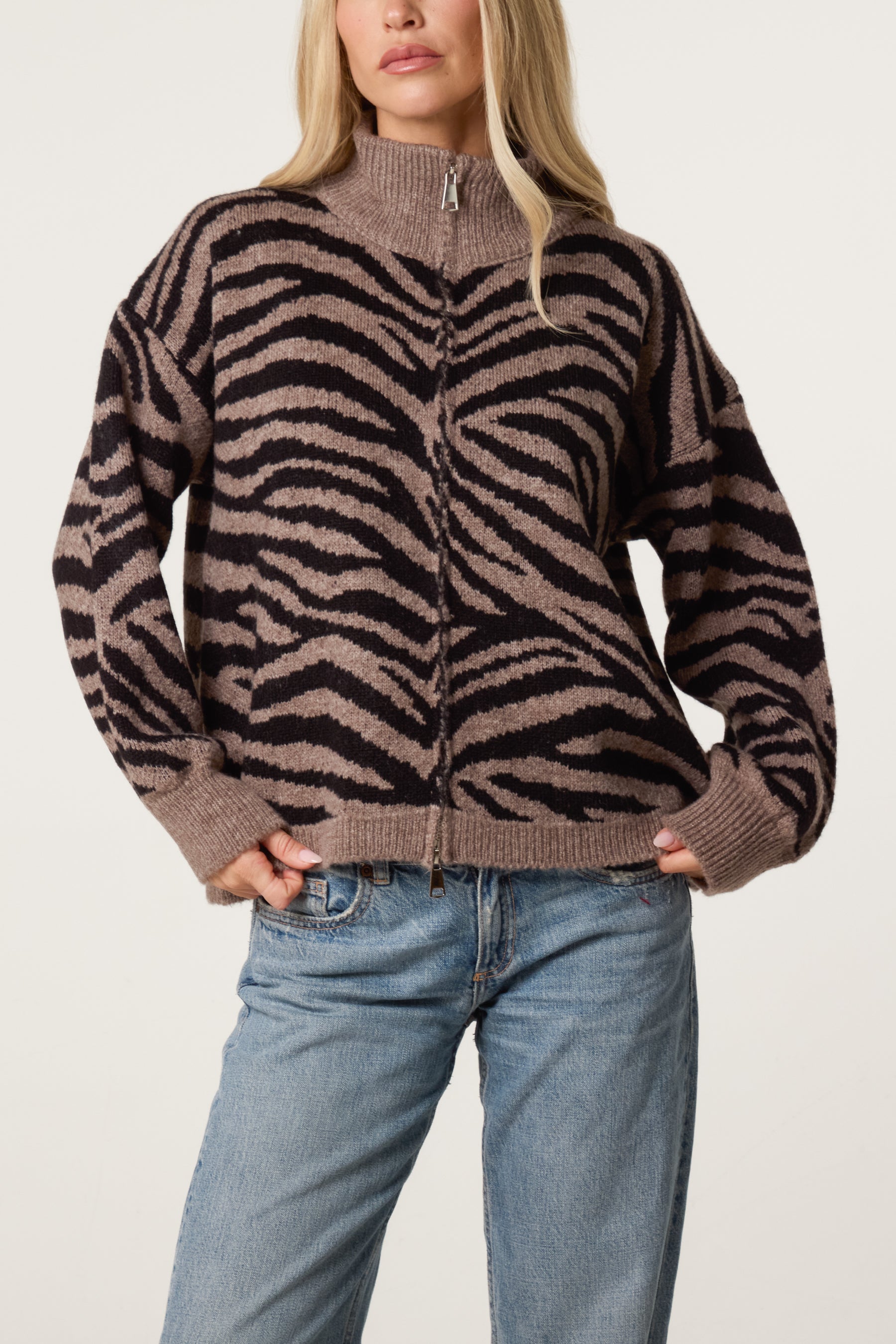 Zebra Print Zip-Through Knit Cardigan