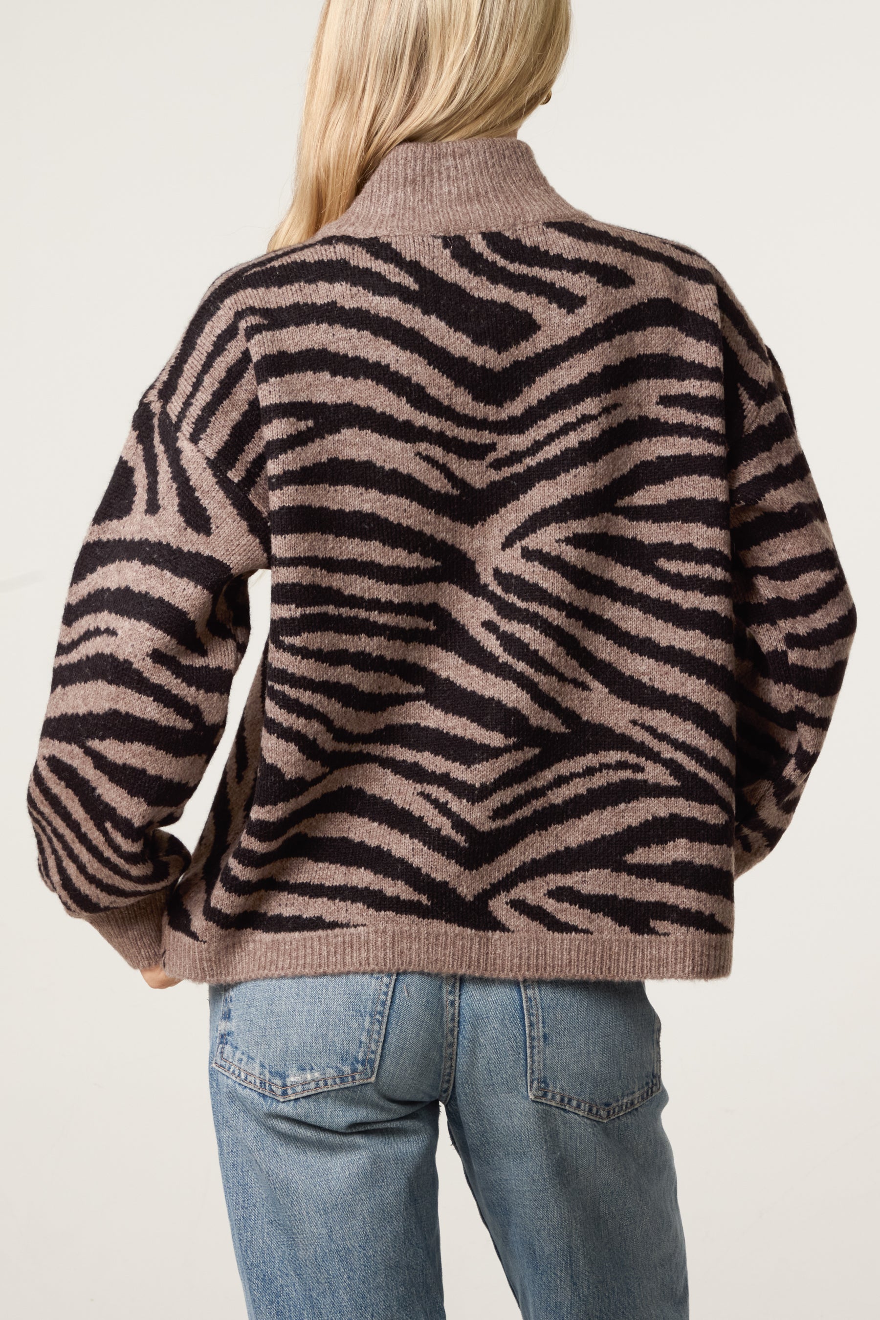 Zebra Print Zip-Through Knit Cardigan