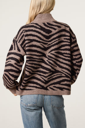 Zebra Print Zip-Through Knit Cardigan