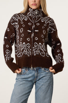 Bandana Print Zip-Through Knit Cardigan