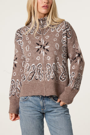 Bandana Print Zip-Through Knit Cardigan