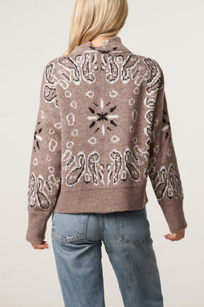 Bandana Print Zip-Through Knit Cardigan