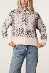 Bandana Print Zip-Through Knit Cardigan