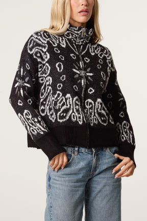 Bandana Print Zip-Through Knit Cardigan