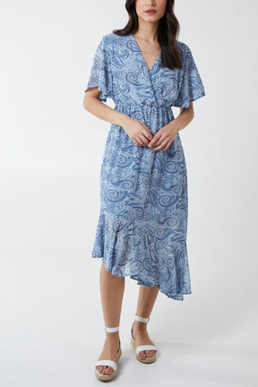 Wrap Front Asymmetric Hem Paisley Print Midi Dress