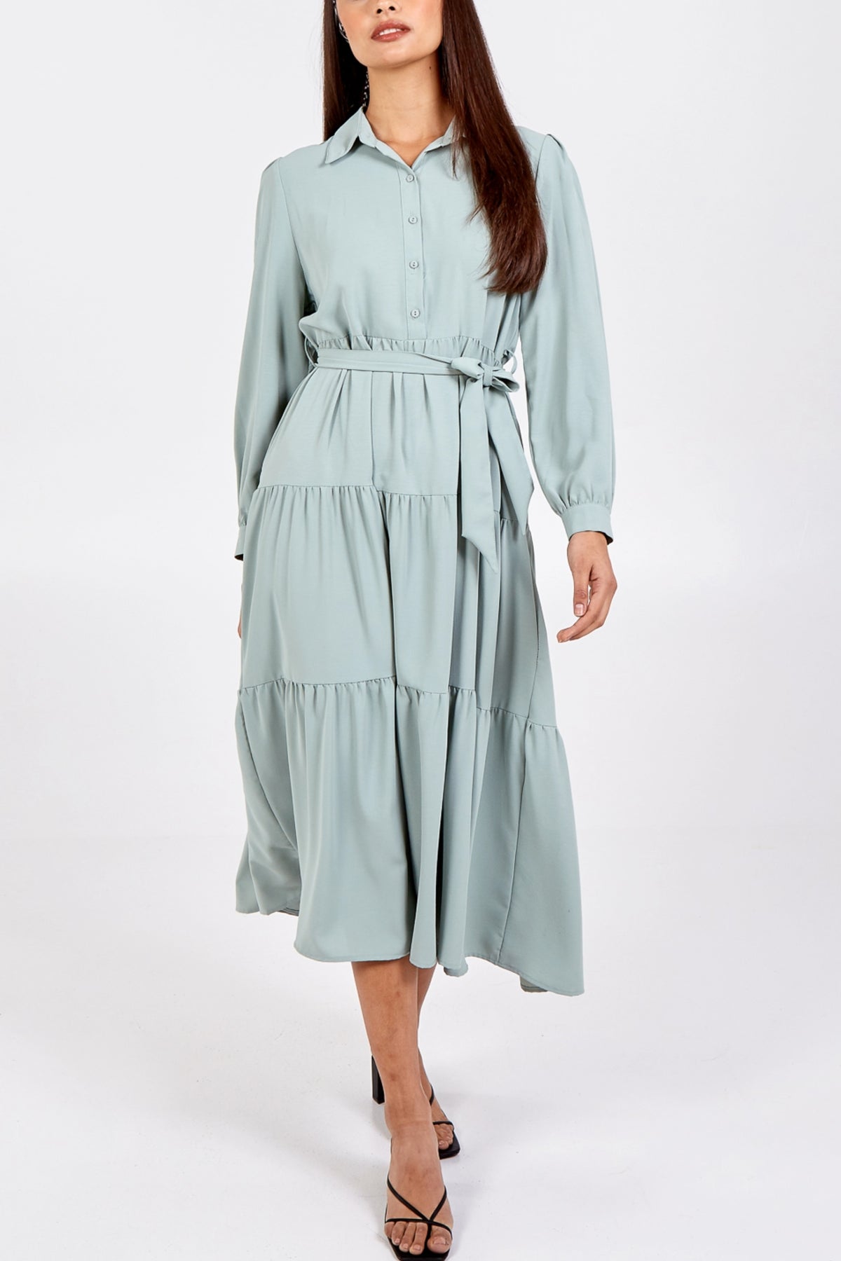 Long Tiered Collar Dress With Belt