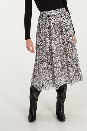 Animal Print Pleated Midi Skirt