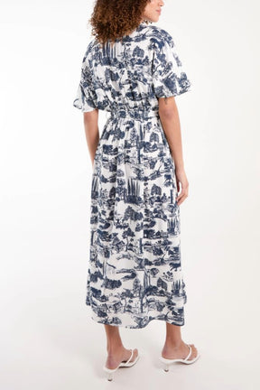 Toile De Jouy Belted Button Dress