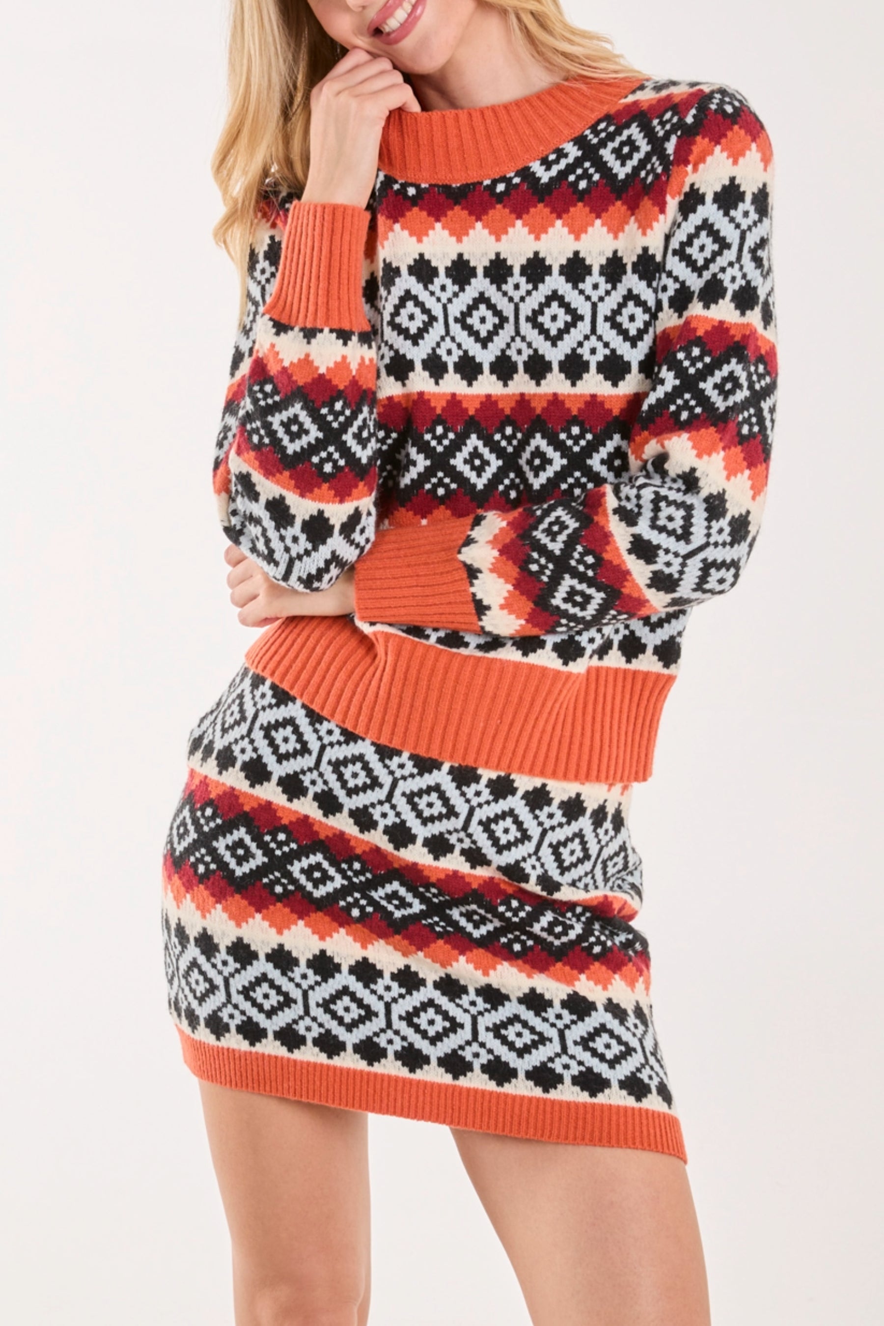 Geometric Print Knitted Jumper & Skirt Set