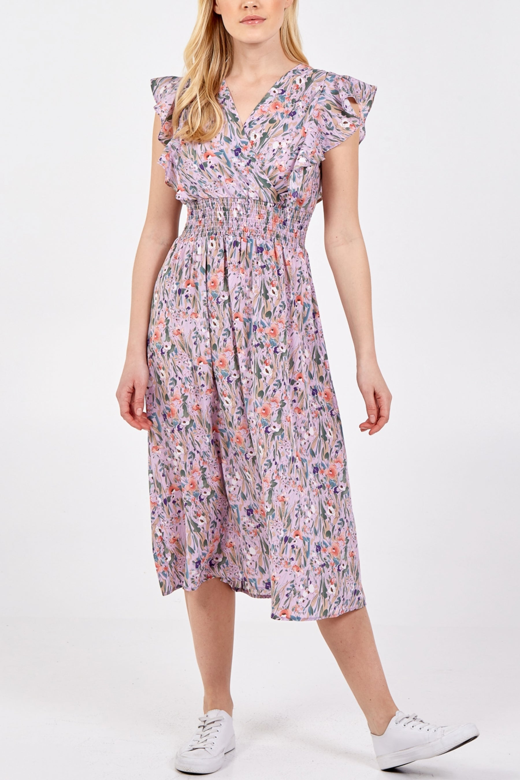 Floral Ruffle Sleeve Shirring Waist Dress