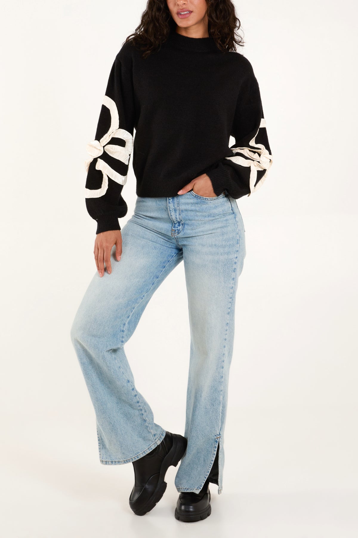 Frilled Flower Sleeve High Neck Jumper