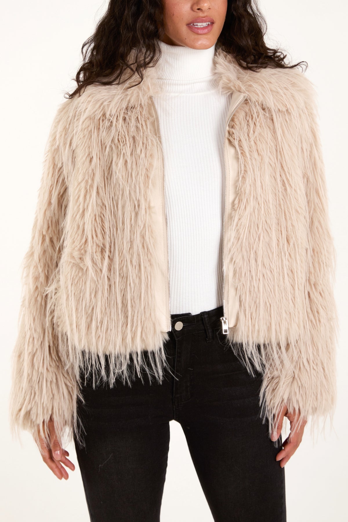 Long Fur Zip Up Cropped Coat