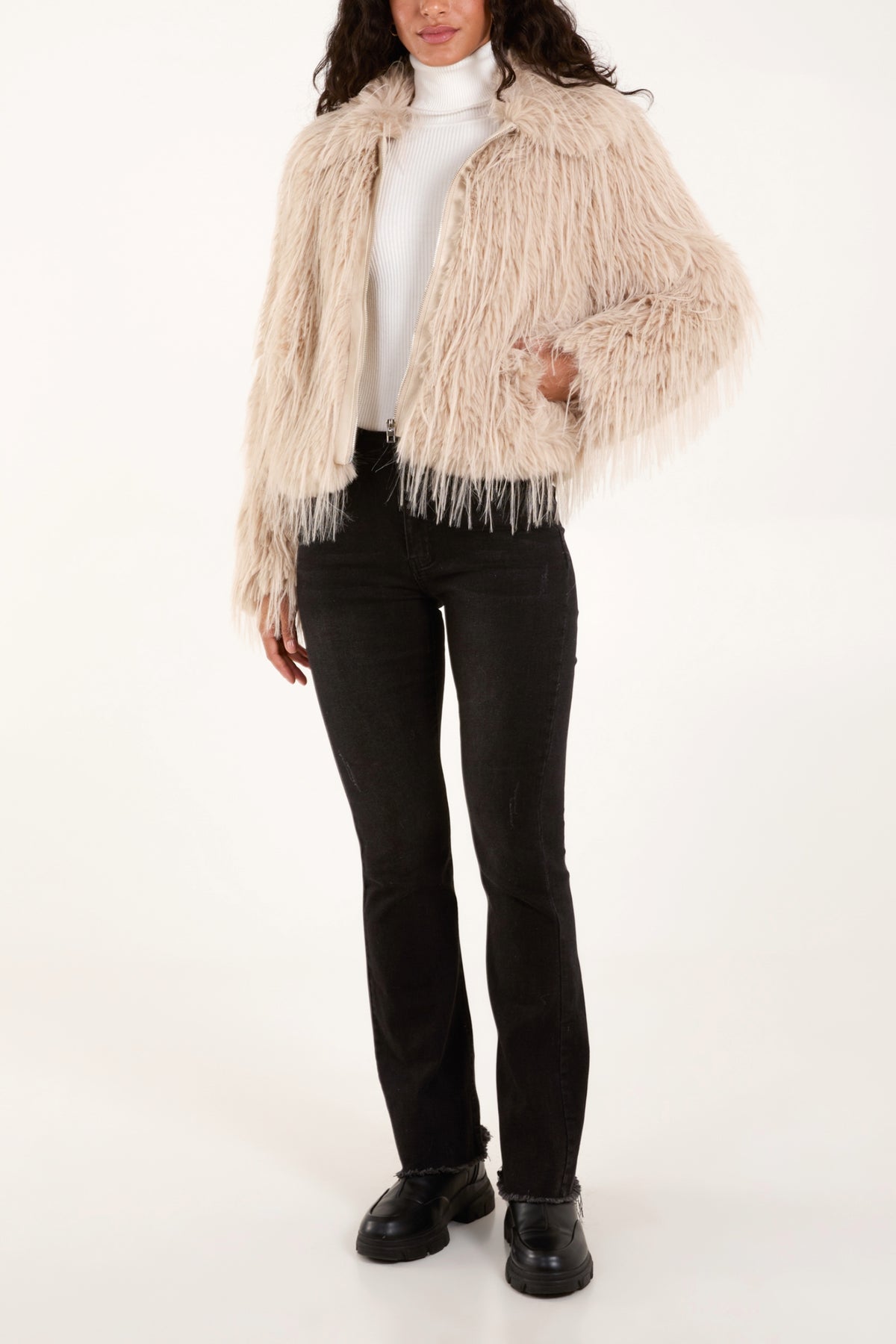 Long Fur Zip Up Cropped Coat