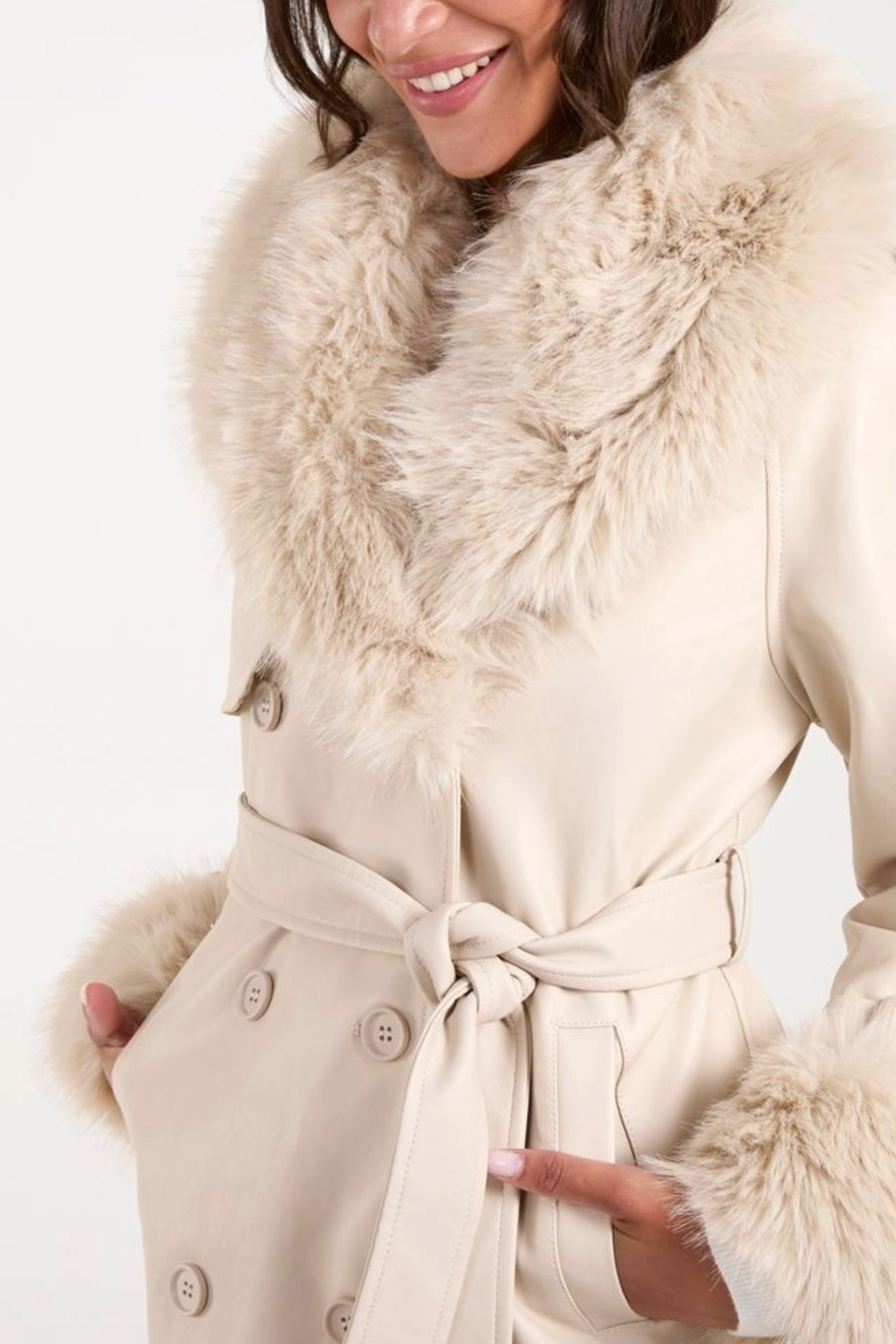 Pu faux fur trim coat hotsell