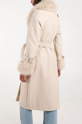 Fur Trim Double Breasted PU Coat