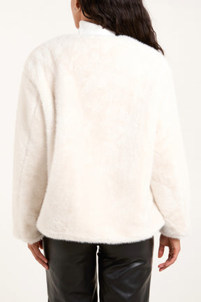 Collarless Toggle Detail Fur Jacket