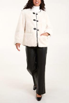 Collarless Toggle Detail Fur Jacket