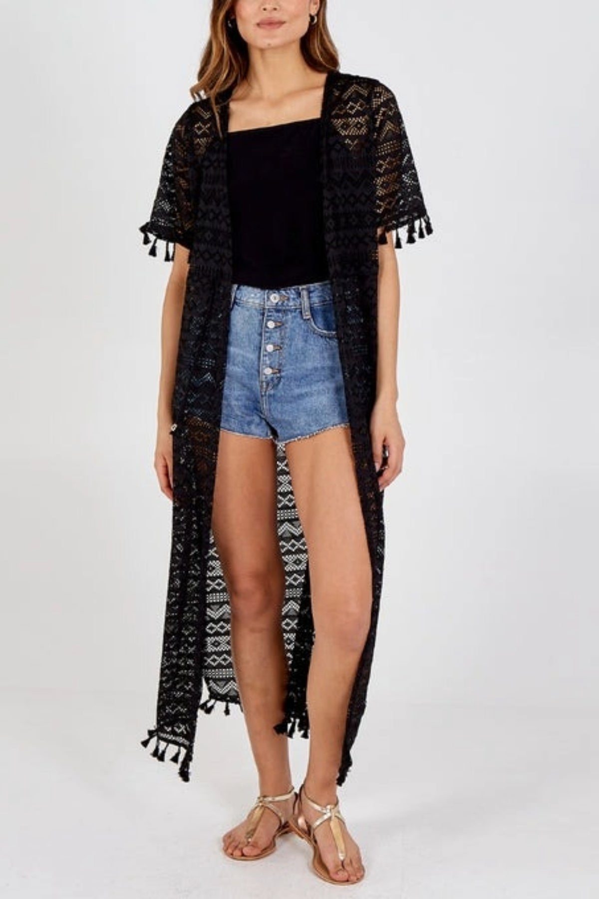 Tassel Hem Draw String Longline Kimono