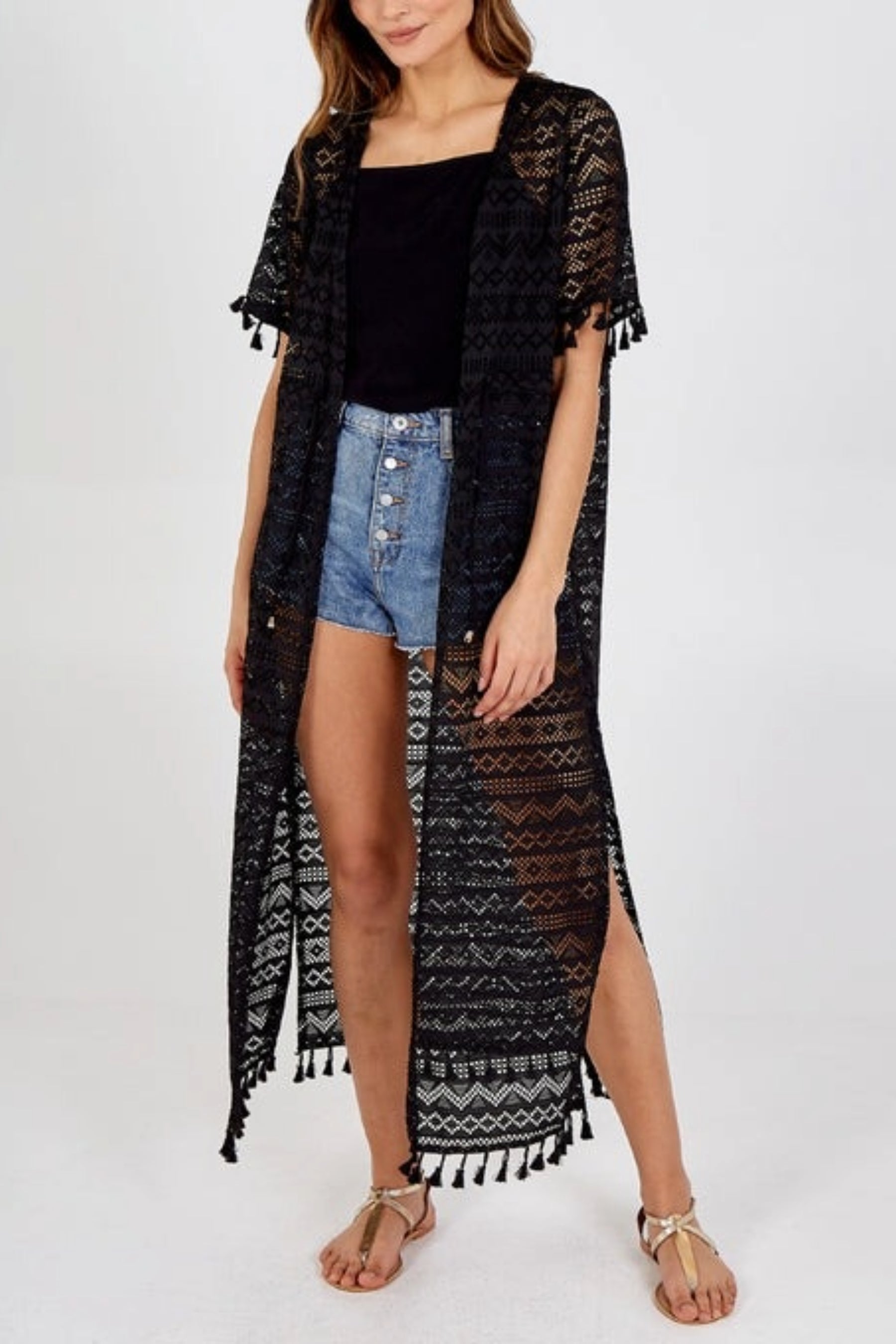 Tassel Hem Draw String Longline Kimono