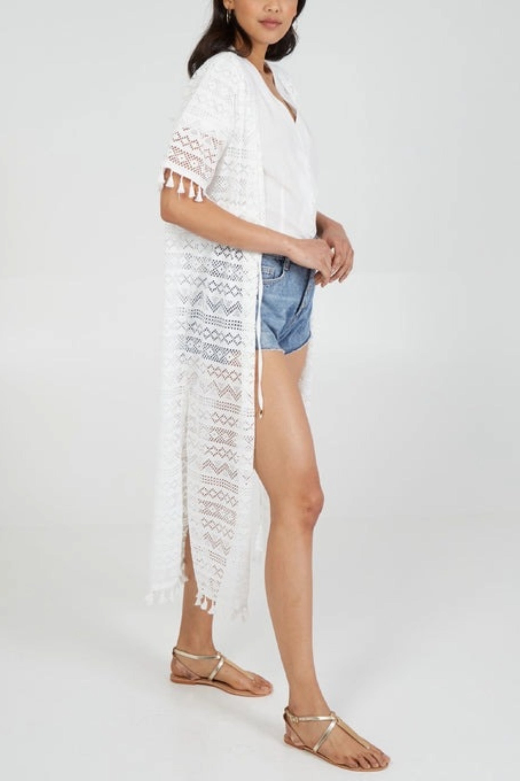 Tassel Hem Draw String Longline Kimono