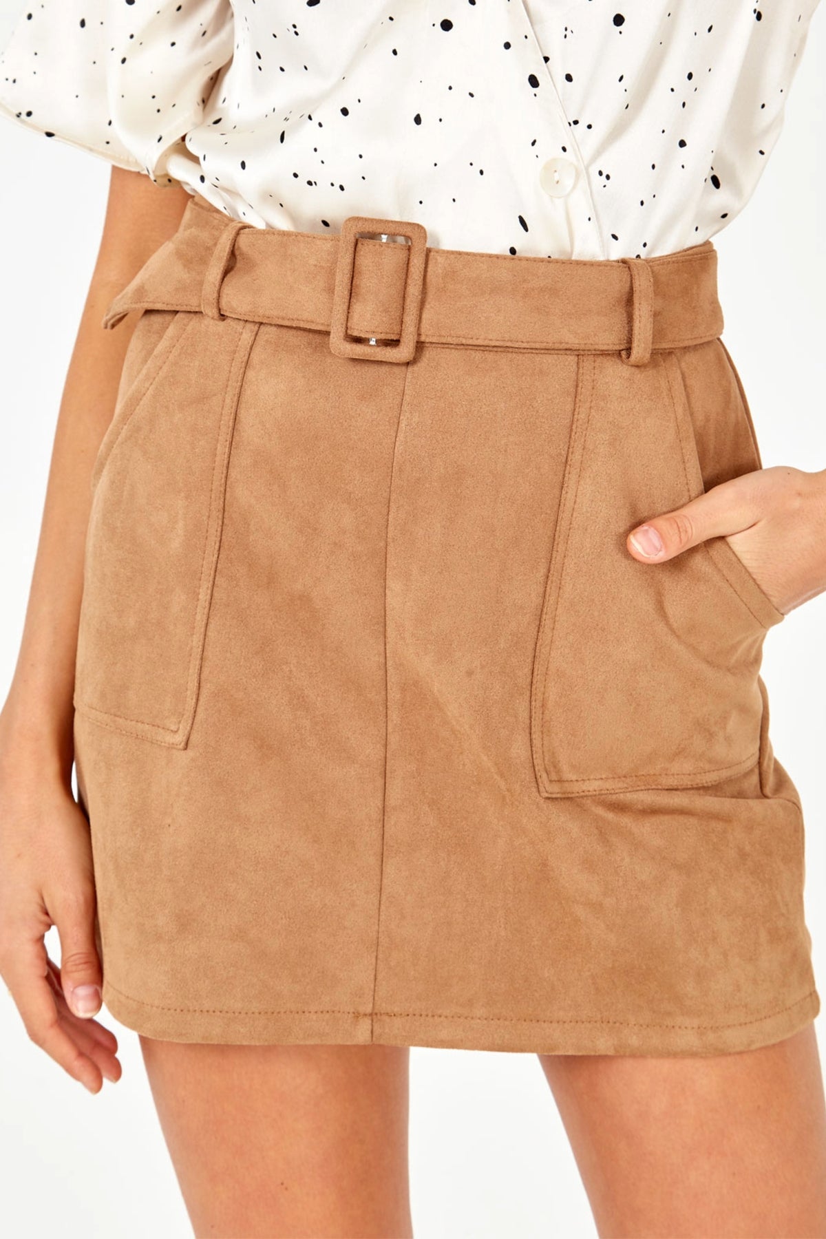 Faux Suede Belted Mini Skirt