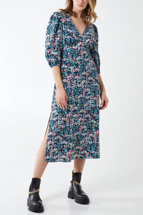 3/4 Frill Puff Sleeve Floral Midi Dress