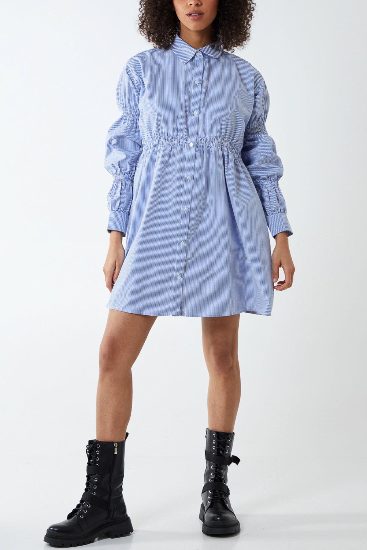 Striped Shirred Waist Shirt Dress