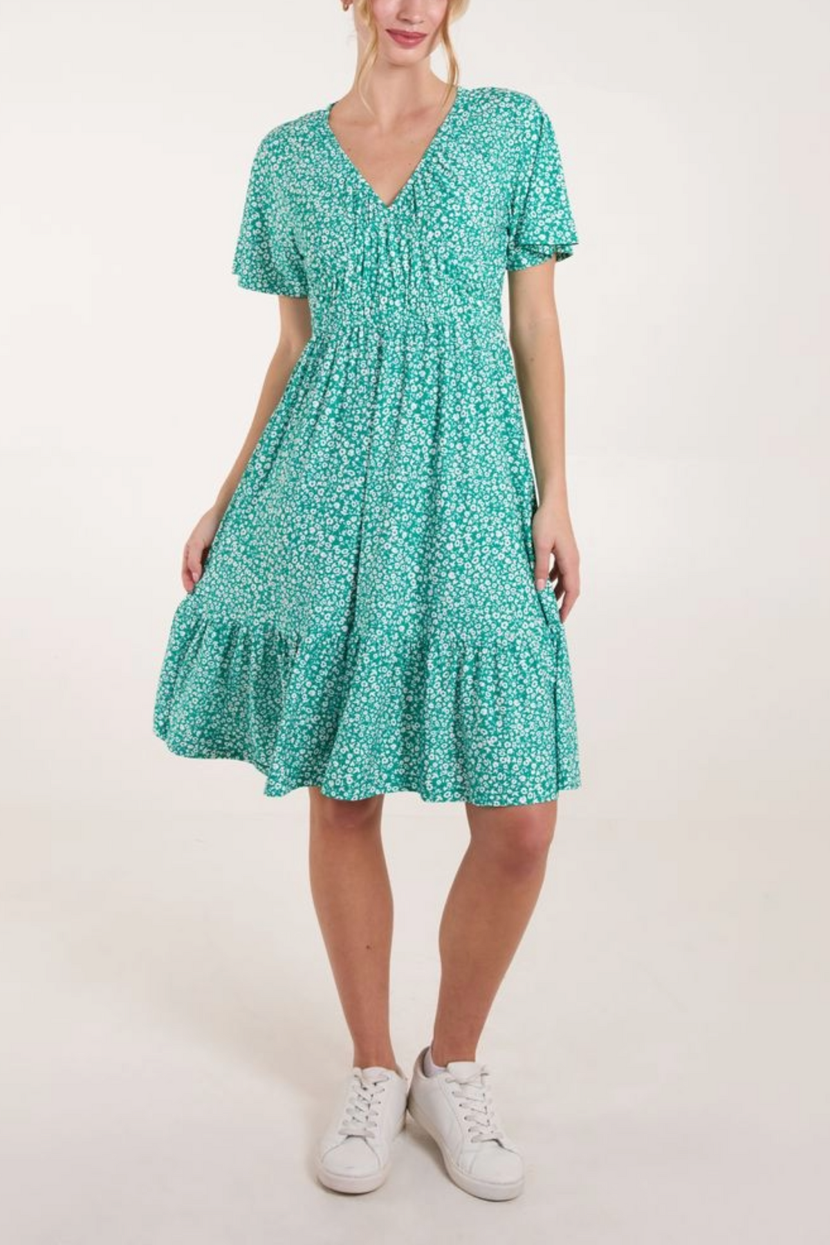 Ditsy Floral V-Neck Shirred Dress