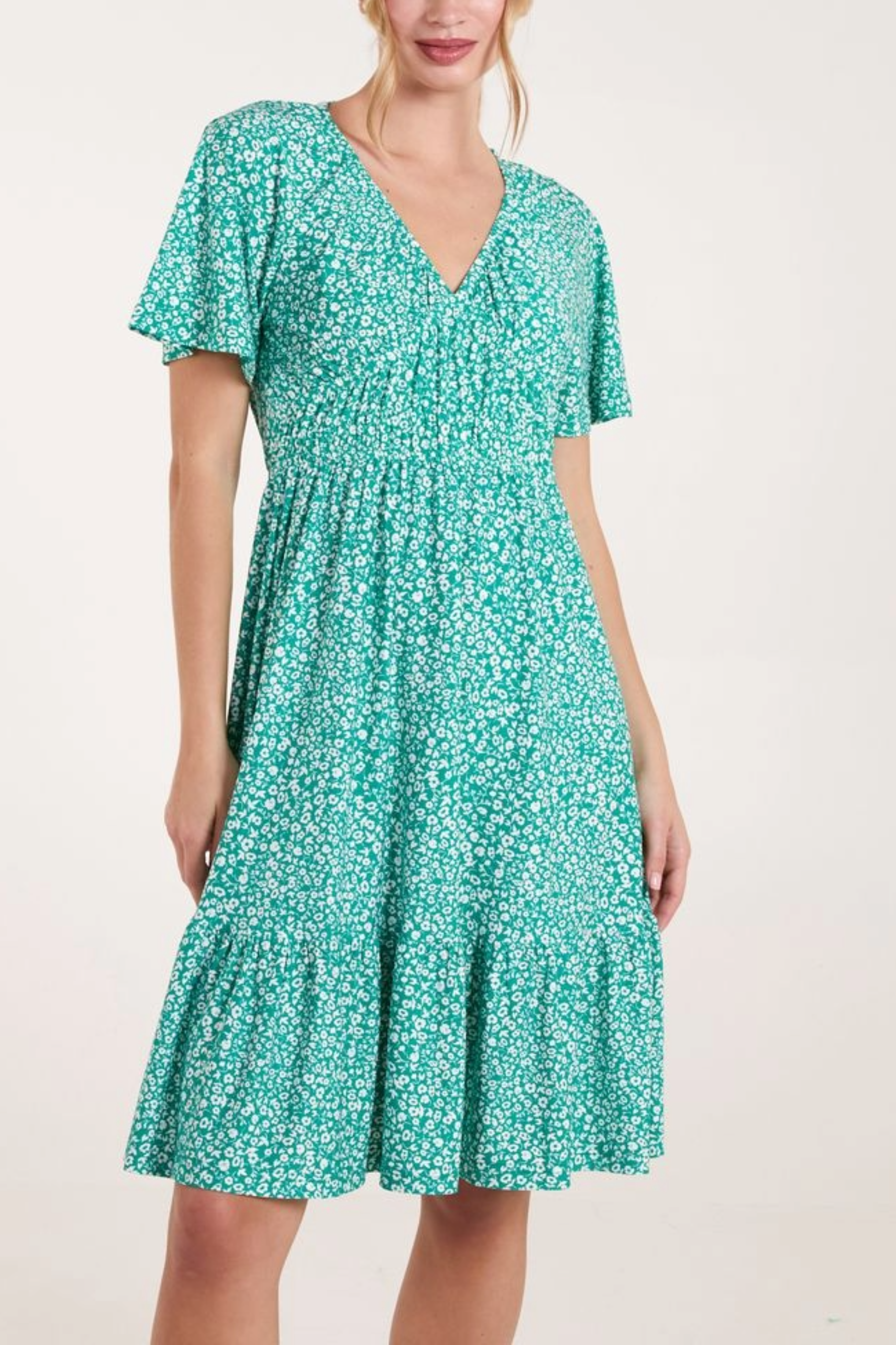 Ditsy Floral V-Neck Shirred Dress