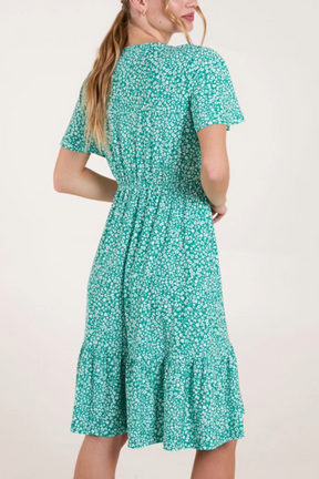 Ditsy Floral V-Neck Shirred Dress