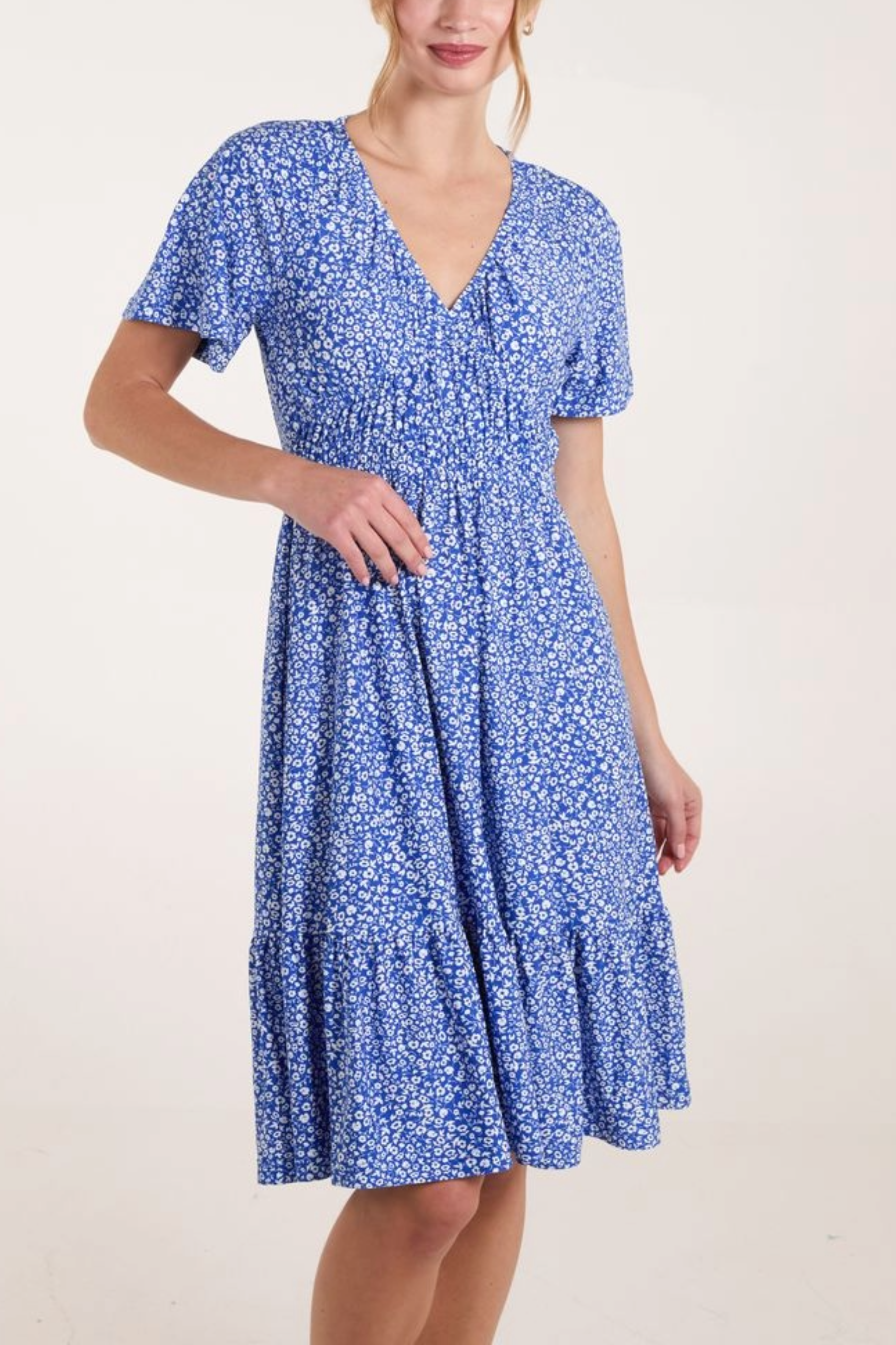 Ditsy Floral V-Neck Shirred Dress