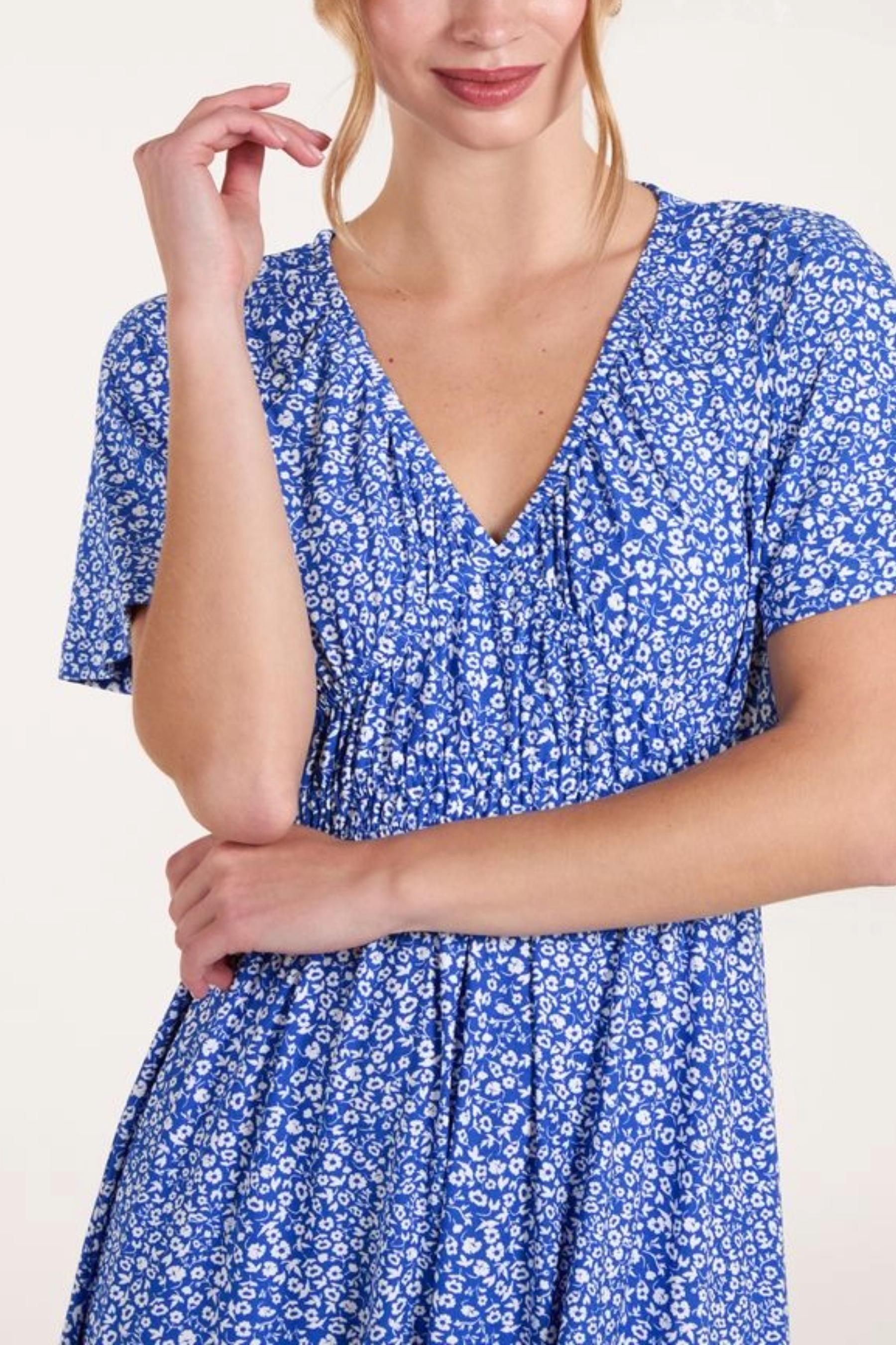 Ditsy Floral V-Neck Shirred Dress